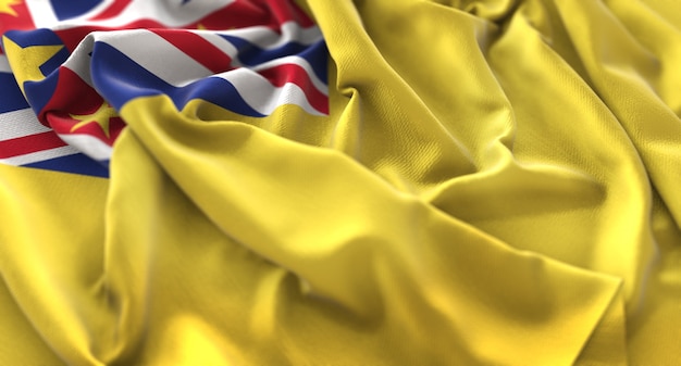 Niue Flag Ruffled Beautifully Waving Macro Close-Up Shot