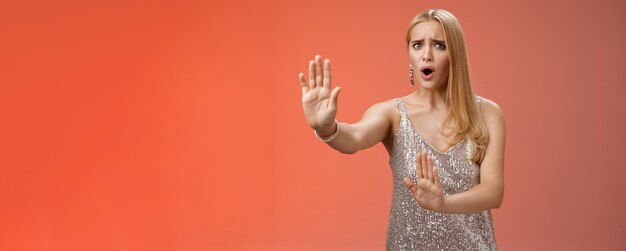 No wow slow down portrait freakout displeased woman hear unpleasant suggestion step back extend arms