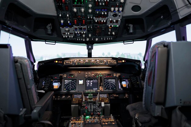 Nobody in empty airplane cockpit with dashboard command and power buttons, switch, lever and handle. No people in cabin with control panel navigation and radar compass, engine throttle.
