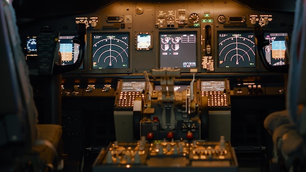 Nobody in empty aviation plane with dashboard control panel to start power engine and fly airplane. Navigation command with windscreen and radar compass, speed handle. Close up.