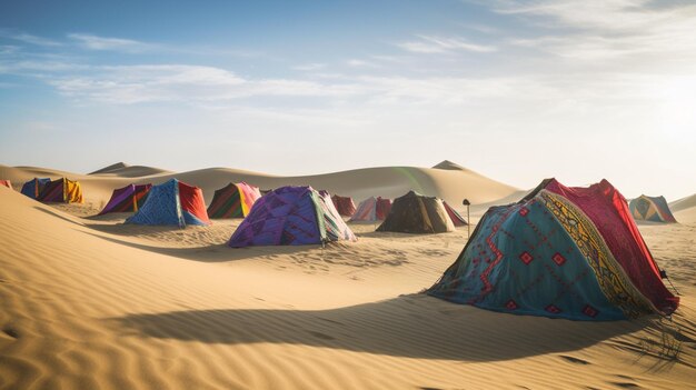 Nomadic tribes setting up colorful tents in the midst of endless sand dunes