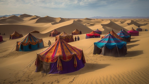 Nomadic tribes setting up colorful tents in the midst of endless sand dunes