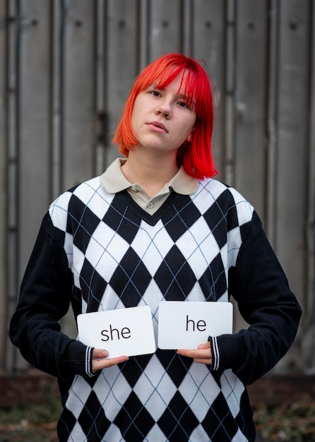 Non binary person holding pronouns cards