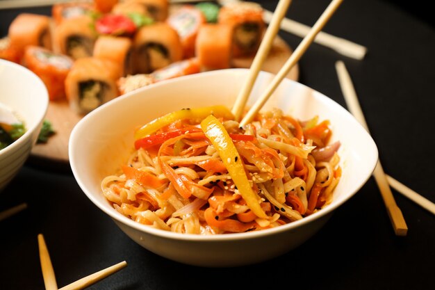 Noodle salad mixed with vegetables