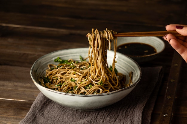 Free photo noodles in a bowl arrangement