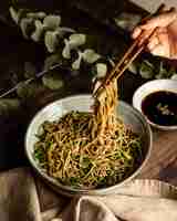 Free photo noodles in a bowl composition