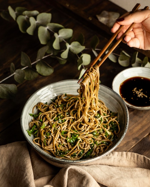 Noodles in a bowl composition