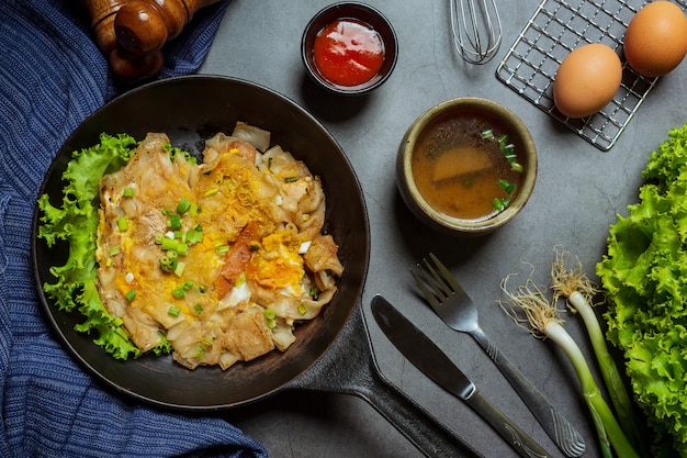 Noodles topped with big pork, Thai food