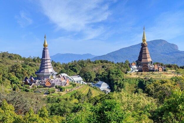 Noppamethanedon and Nopphonphusiri pagodas view from Kew Mae Pan nature trail Doi Inthanon National Park Chiang Mai Thailand