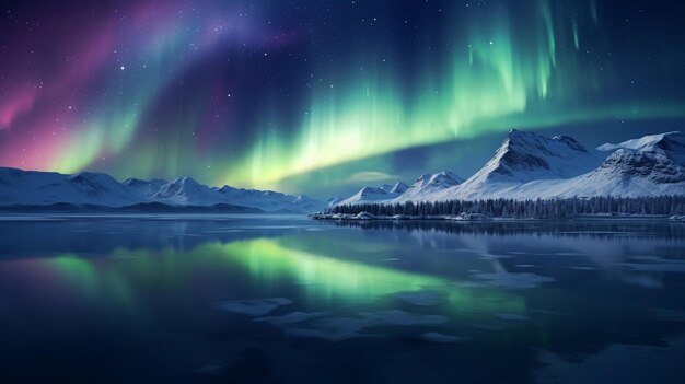 The Northern Lights above a lake in the mountains