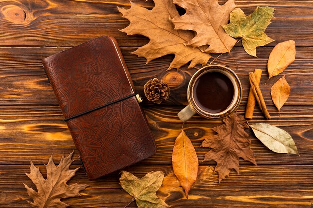 Notebook and coffee autumn composition 