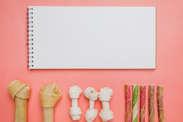 Notebook and dental dog snacks