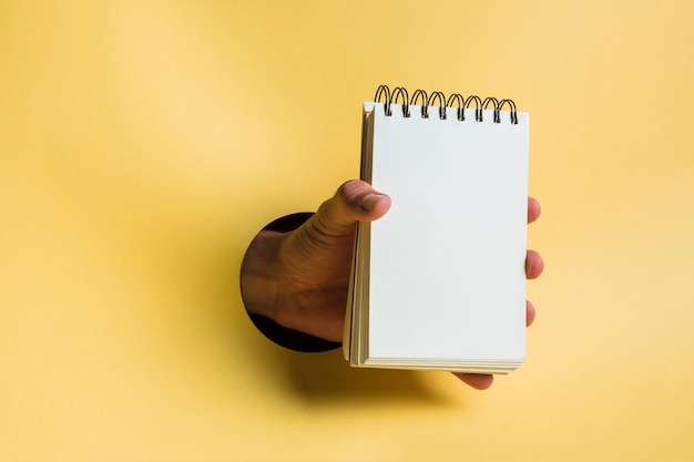 Notebook held by person with yellow background