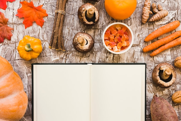 Notebook near autumn food