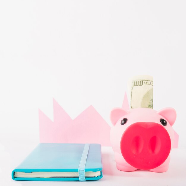 Notebook and piggy bank with money on white background 