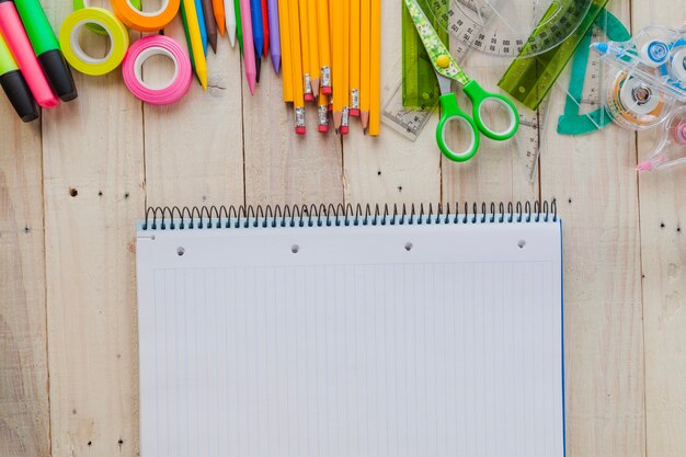 Notebook and vivid composition of stationery