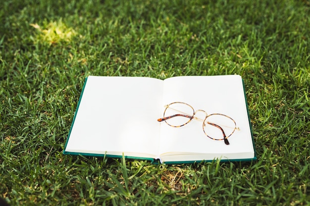 Notebook with glasses on grass