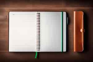 Free photo a notebook with a green border sits on a wooden table.