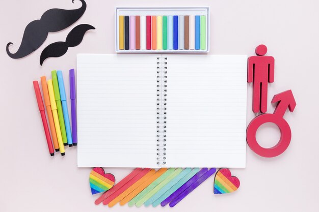 Notebook with pride day objects