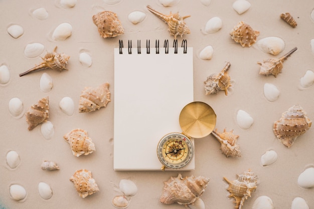 Notepad, compass and seashells