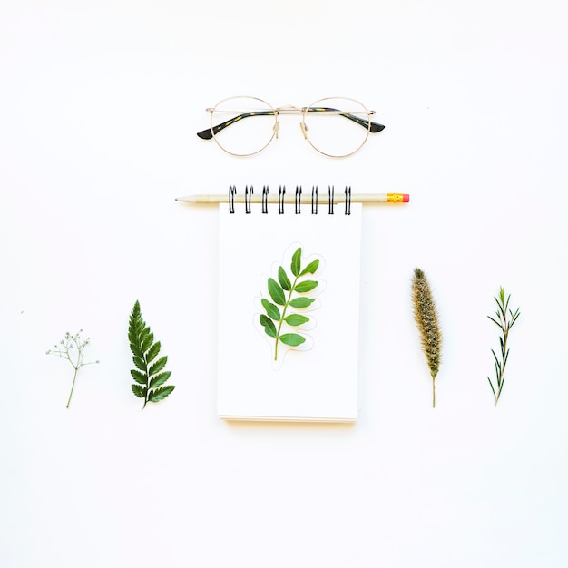 Free photo notepad concept with leaves and glasses