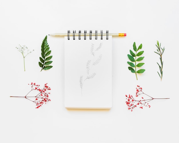 Free photo notepad with pencil and leaves