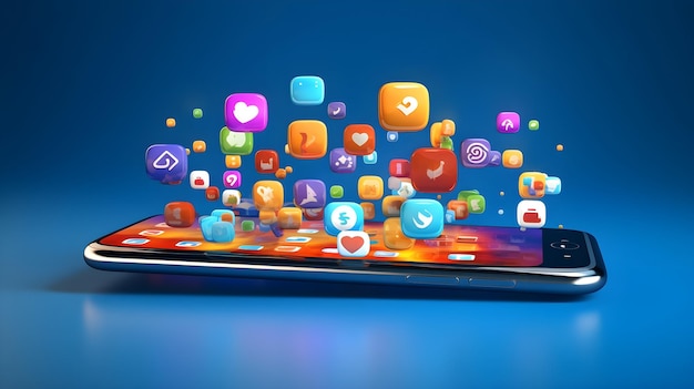 Бесплатное фото Уведомление и пузырь чата, плавающий со смартфоном на ярко-синем фоне