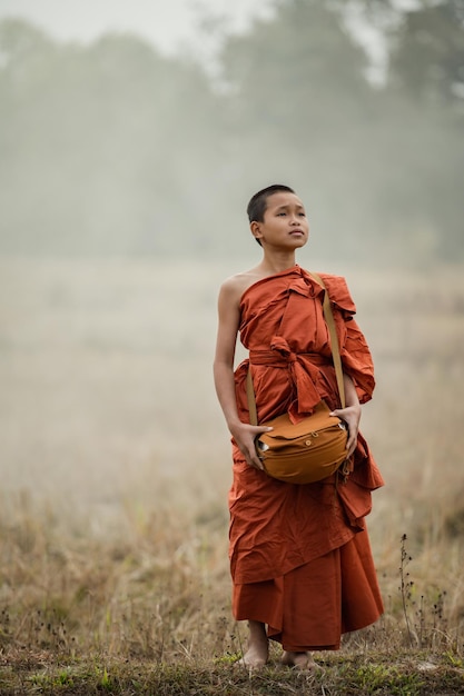 Novice monks walking in the meadow