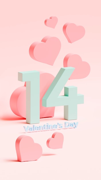 Бесплатное фото Номер 14 на день святого валентина с 3d сердечками