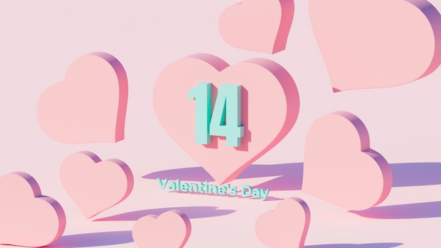 Number 14 for valentines day with 3d hearts