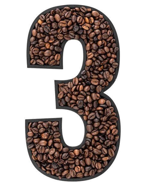 Number made from roasted coffee beans on white isolated background