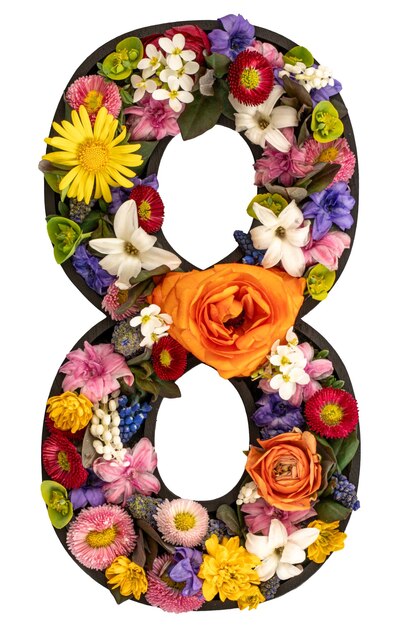 Number made of real natural flowers and leaves on transparent background