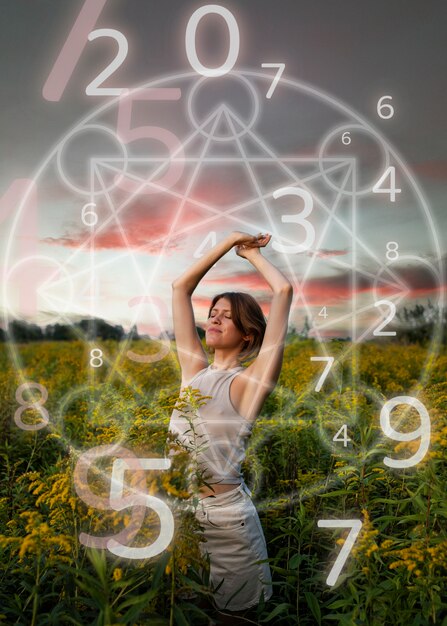 Numerology concept with woman posing