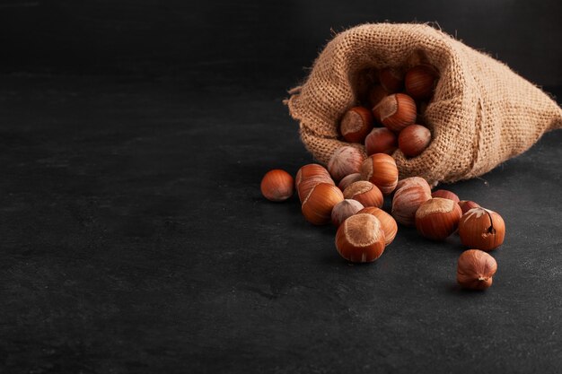 Nut shells out of a rustic parcel on black background. 