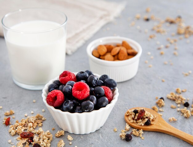 Nutritious breakfast forest fruit and almonds