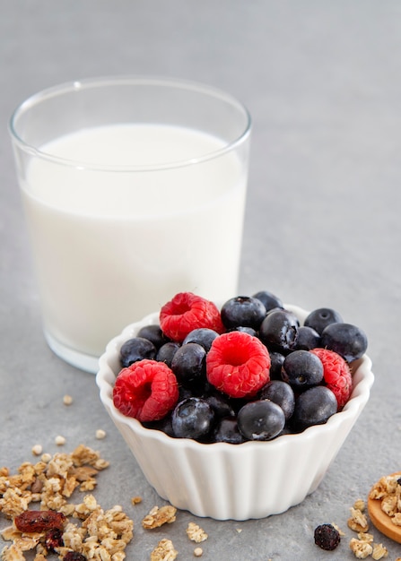 Foto gratuita latte nutriente per la colazione e frutti di bosco