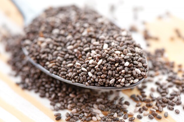 Nutritious chia seeds on a spoon, close up.