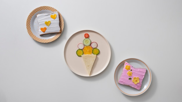 Nutritious children's food arrangement above view