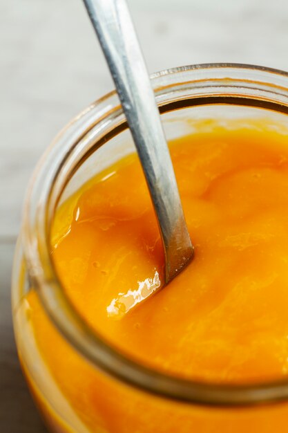 Nutritious children's food in jar high angle