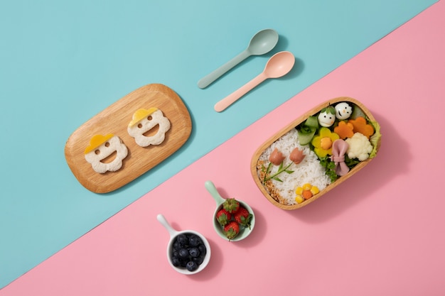 Nutritious cute children's food  flat lay