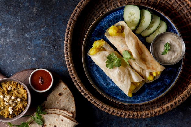 Foto gratuita composizione di dosa indiana nutriente