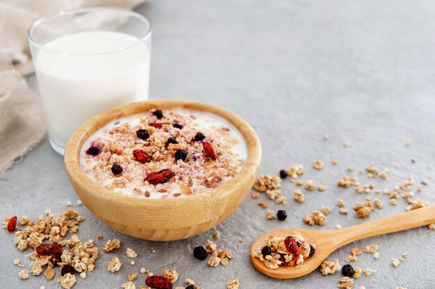 Nutritious milky breakfast with cereals and nuts