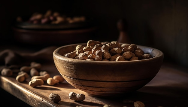 Free photo nutritious nuts in wooden bowl on table generated by ai