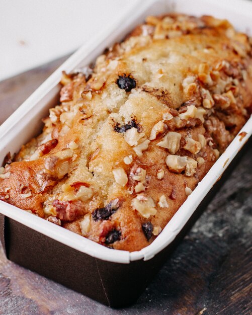 nuts cake baked yummy delicious sweet on brown wood desk