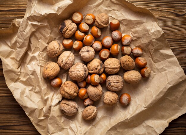 Nuts and chestnuts arrangement on cloth