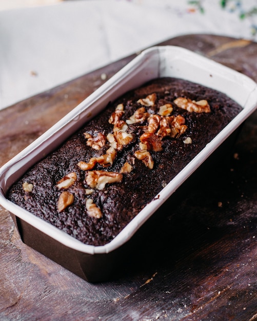 nuts choco cake baked yummy delicious sweet on brown wood desk