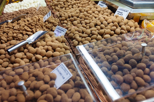 Nuts in chocolate  at Spanish market
