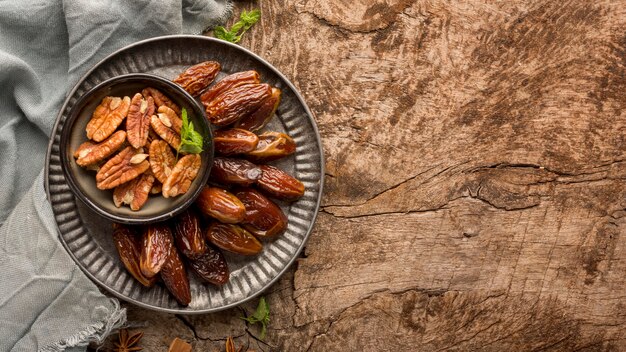 Nuts and dates arrangement above view