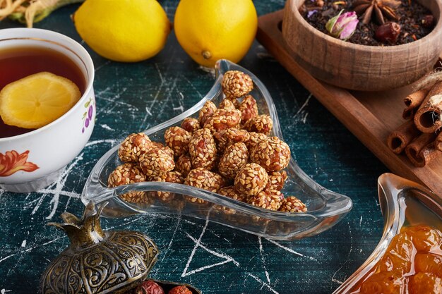 Nuts with caramel and sesame topping. 