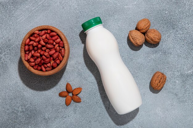 Nuts and yogurt arrangement flat lay